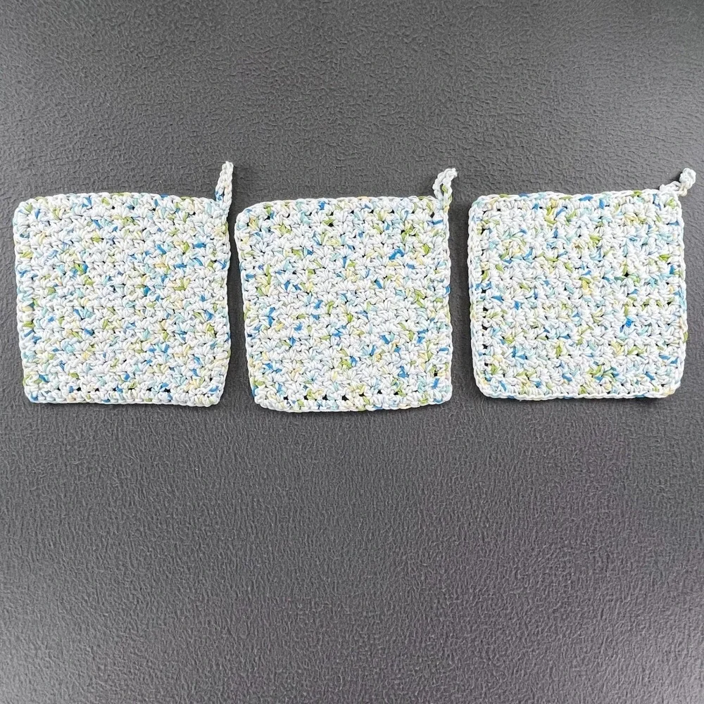 Handmade Crochet Potholders Set of 3 Multi Color Cotton Hot Pads 7x7 Cottagecore